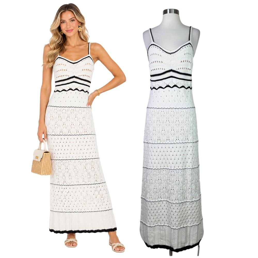 NEW Commense | Ivory White Black Crochet Knit Pointelle Maxi Dress XL NWT